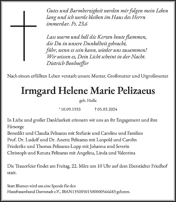 Traueranzeige von Irmgard Helene Marie Pelizaeus