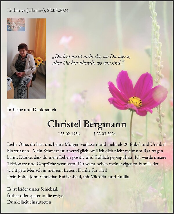 Traueranzeige von Christel Bergmann, Schwelm