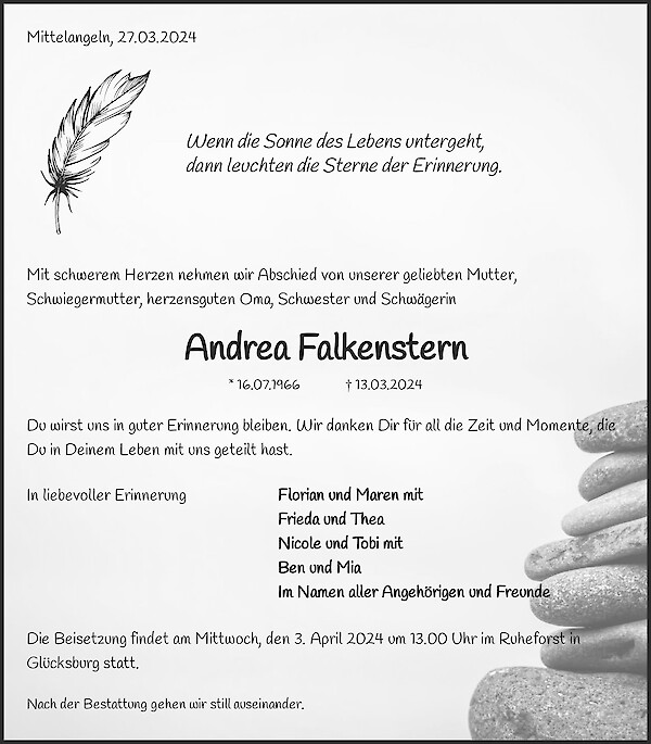 Traueranzeige von Andrea Falkenstern, Mittelangeln
