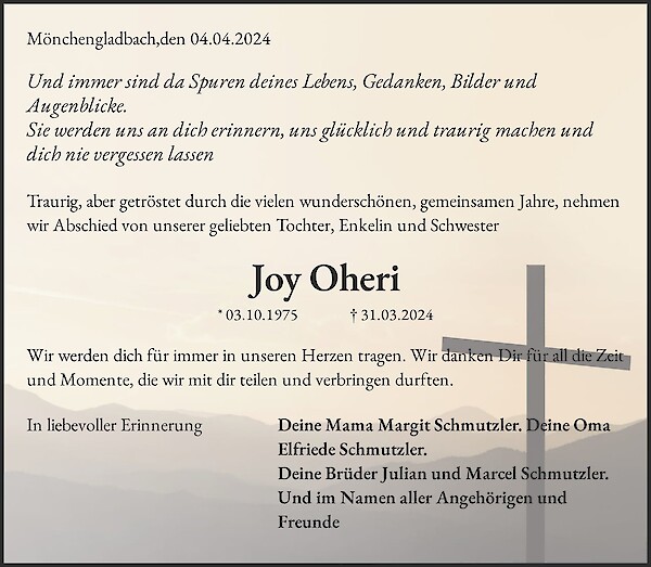 Traueranzeige von Joy Oheri, Mönchengladbach