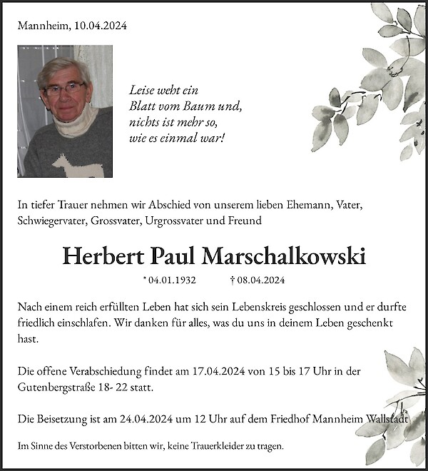 Traueranzeige von Herbert Paul Marschalkowski