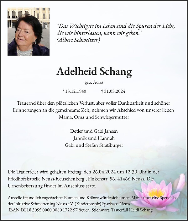 Traueranzeige von Adelheid Schang