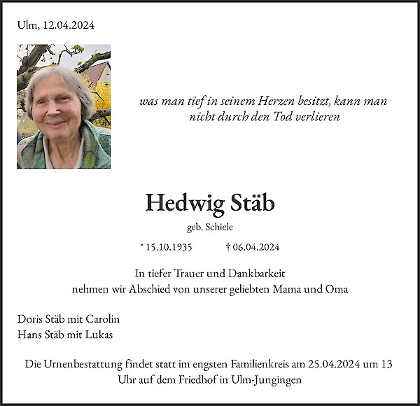 Traueranzeige von Hedwig Stäb, Ulm