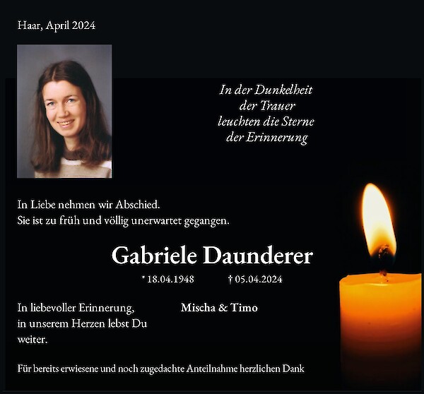 Traueranzeige von Gabriele Daunderer, Haar