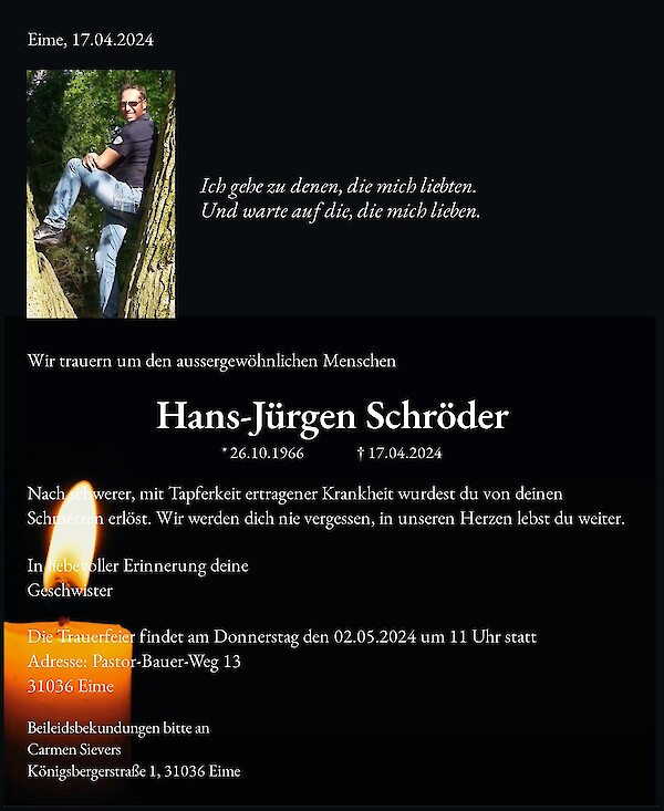 Traueranzeige von Hans-Jürgen Schröder, Eime