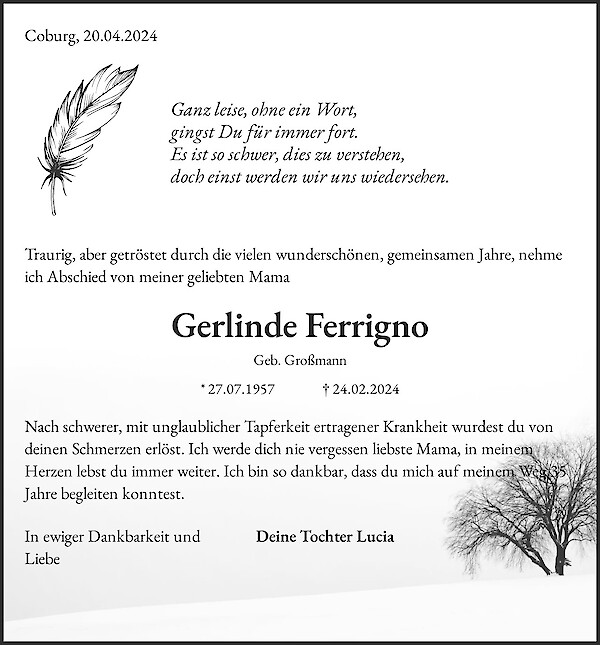 Traueranzeige von Gerlinde Ferrigno, Coburg