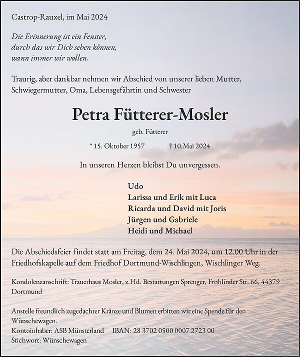 Traueranzeige von Petra Fütterer-Mosler, Castrop-Rauxel