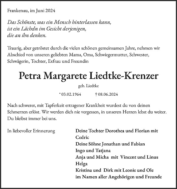 Traueranzeige von Petra  Margarete Liedtke-Krenzer, Frankenberg/Eder