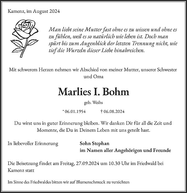 Traueranzeige von Marlies I. Bohm, Kamenz