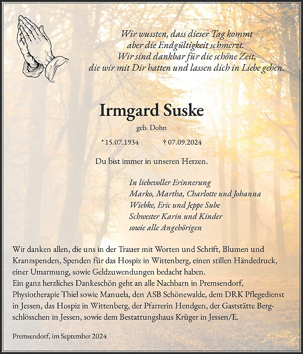 Traueranzeige von Irmgard Suske, Annaburg OT Premsendorf