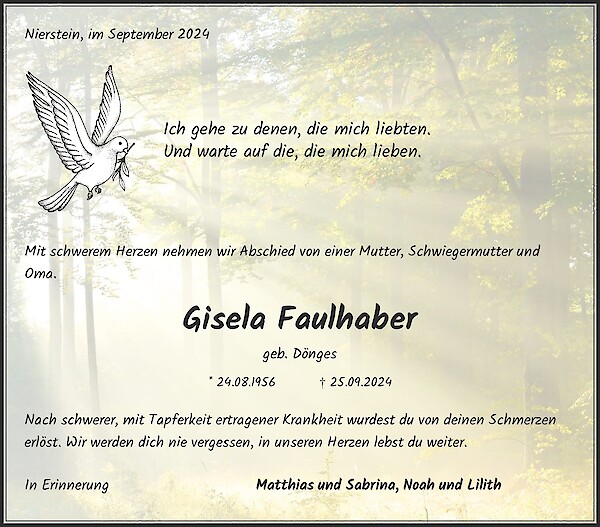 Traueranzeige von Gisela Faulhaber, Nierstein