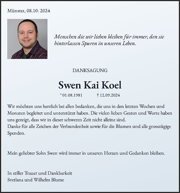 Traueranzeige von Swen Kai Koel
