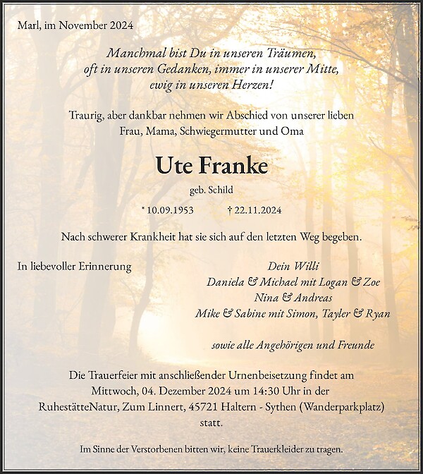 Traueranzeige von Ute Franke