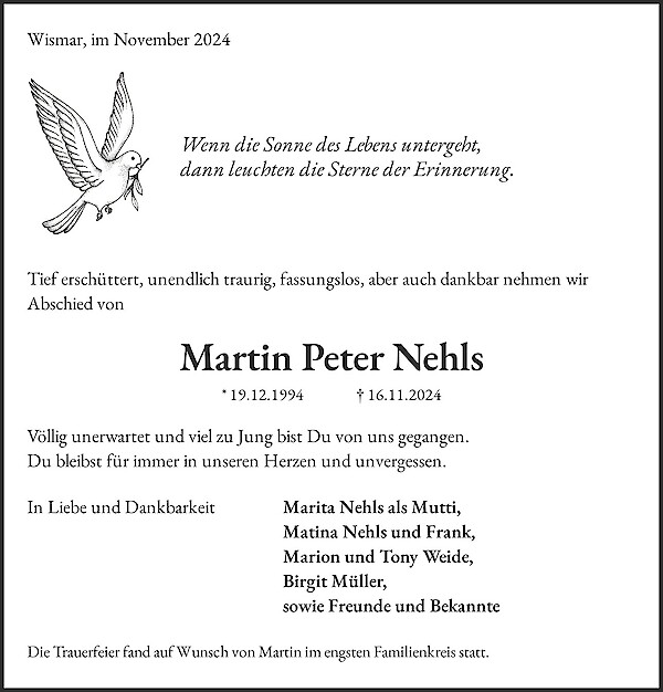 Traueranzeige von Martin Peter Nehls, Wismar