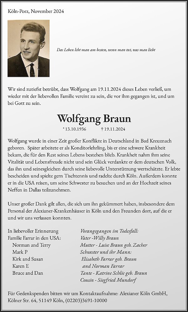 Traueranzeige von Wolfgang Braun, Köln