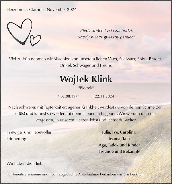Traueranzeige von Wojtek Klink