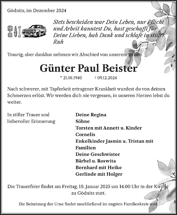 Traueranzeige von Günter Paul Beister, Gödnitz