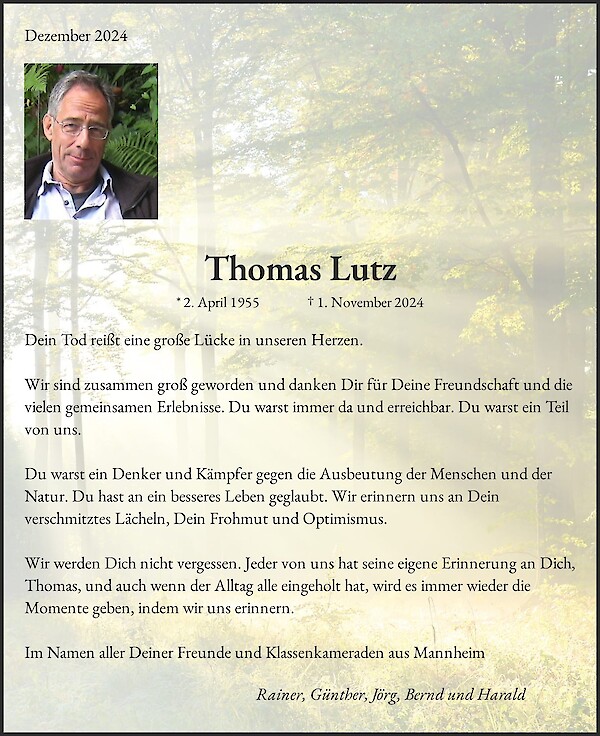 Traueranzeige von Thomas Lutz