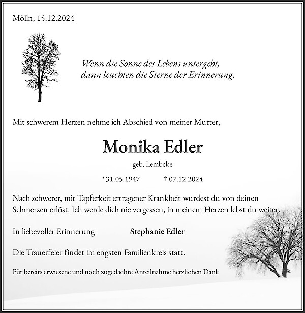Traueranzeige von Monika Edler, Mölln