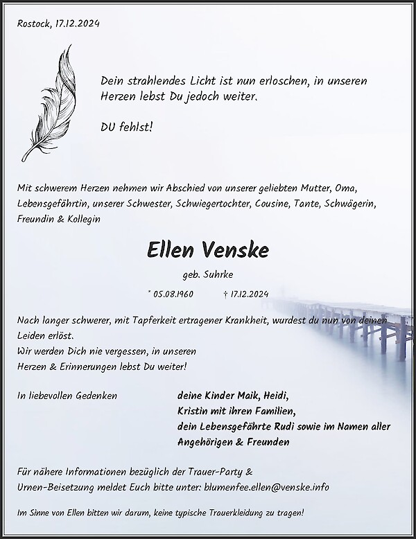 Traueranzeige von Ellen Venske, Rostock
