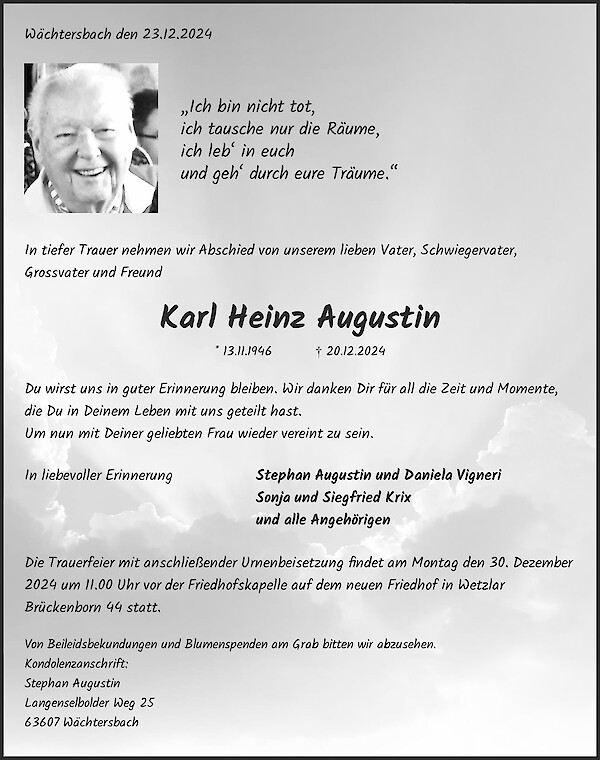 Traueranzeige von Karl Heinz Augustin, Wetzlar