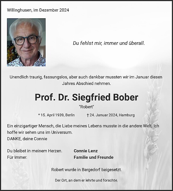 Traueranzeige von Prof. Dr. Siegfried Bober, Barsbüttel
