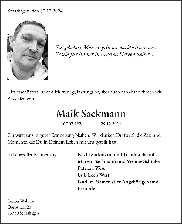 Traueranzeige von Maik Sackmann, Klein Schlamin