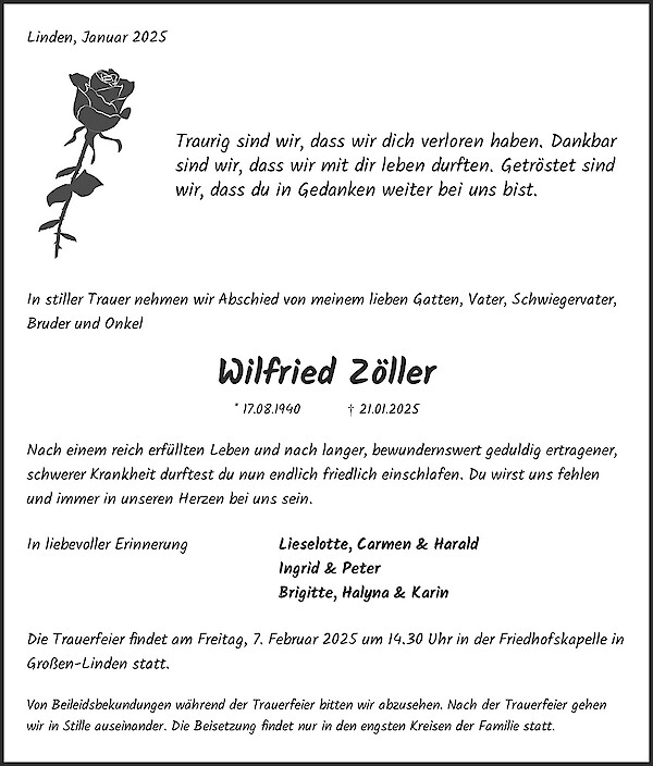 Traueranzeige von Wilfried Zöller, Linden