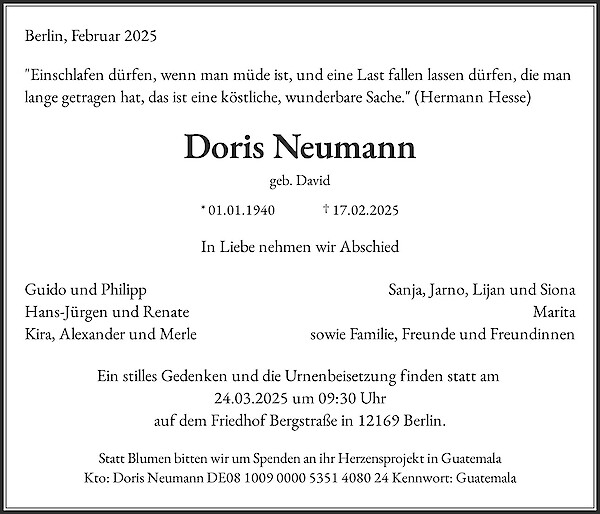 Traueranzeige von Doris Neumann