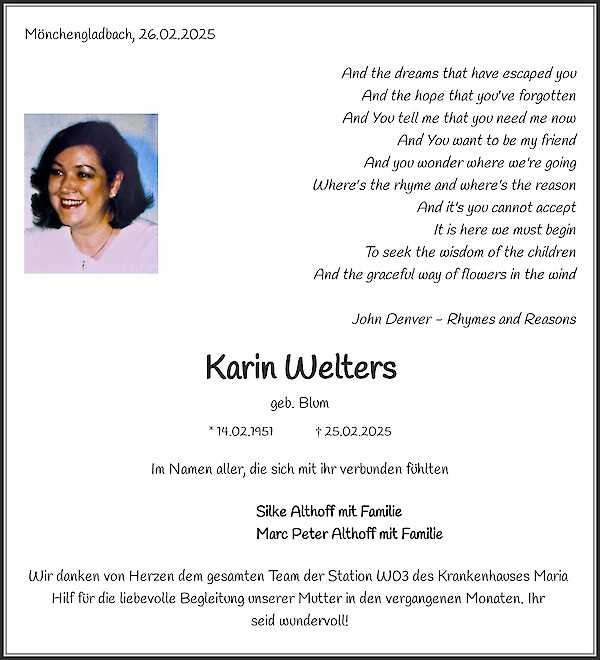Traueranzeige von Karin Welters
