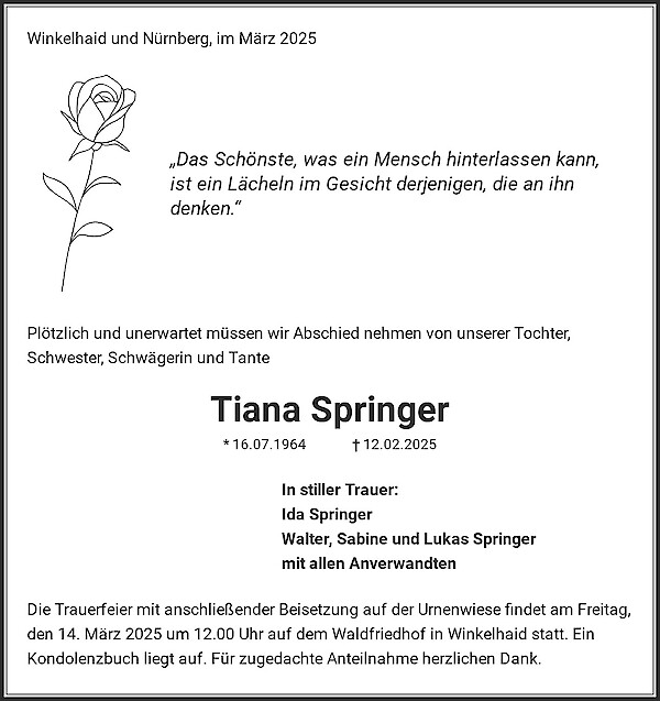 Traueranzeige von Tiana Springer