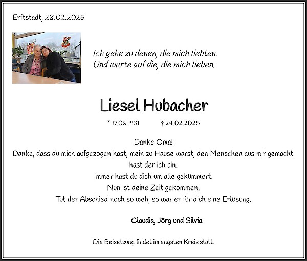 Traueranzeige von Liesel Hubacher