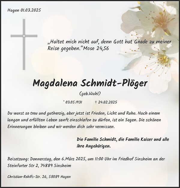 Traueranzeige von Magdalena Schmidt-Plöger