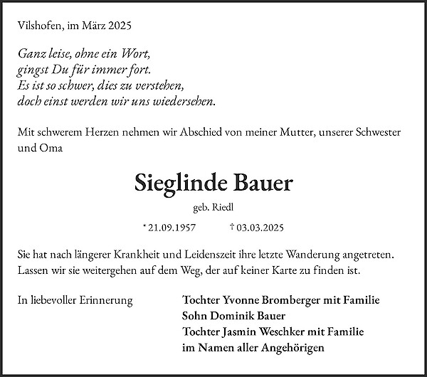 Traueranzeige von Sieglinde Bauer, Vilshofen an der Donau