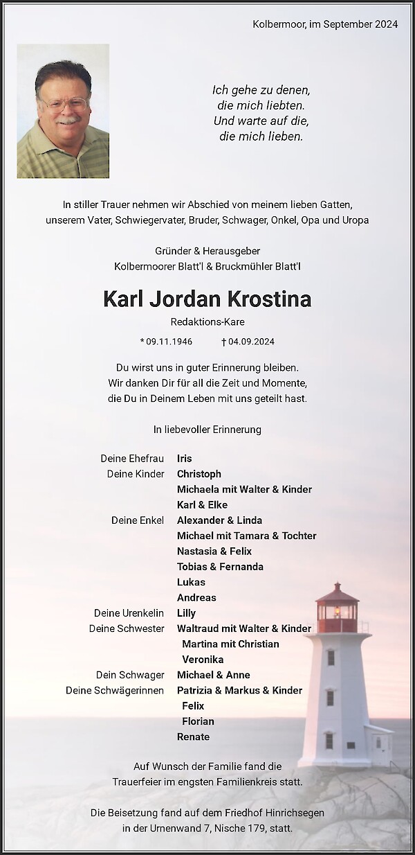Traueranzeige von Karl Jordan Krostina, Kolbermoor