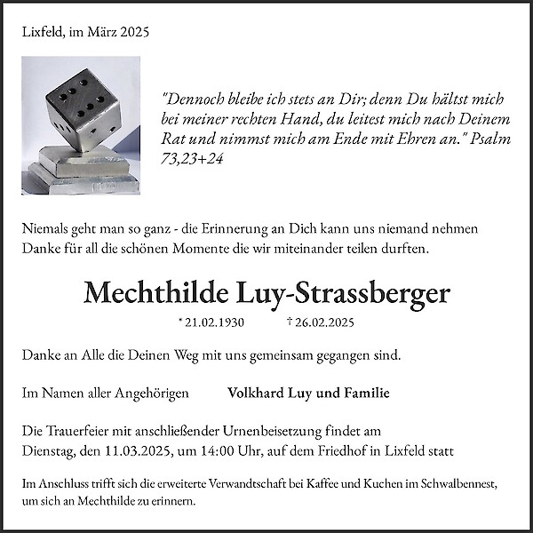Traueranzeige von Mechthilde Luy-Strassberger