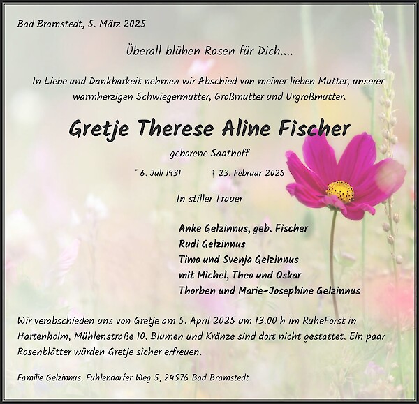 Traueranzeige von Gretje Therese Aline Fischer