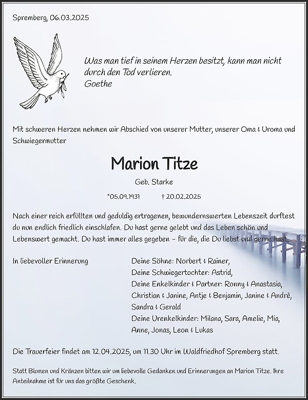 Traueranzeige von Marion Titze, Spremberg
