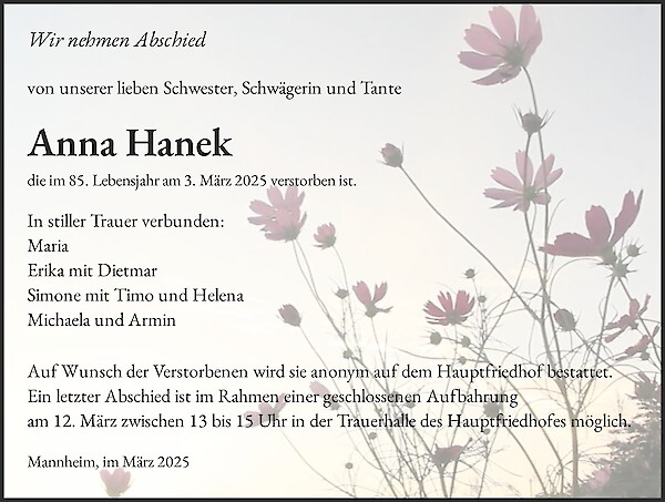 Traueranzeige von Anna Hanek, Mannheim, N5/11