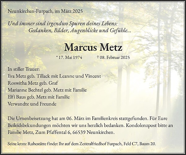 Traueranzeige von Marcus Metz