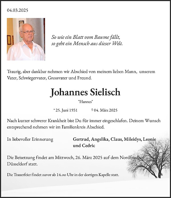 Traueranzeige von Johannes Sielisch, Düsseldorf