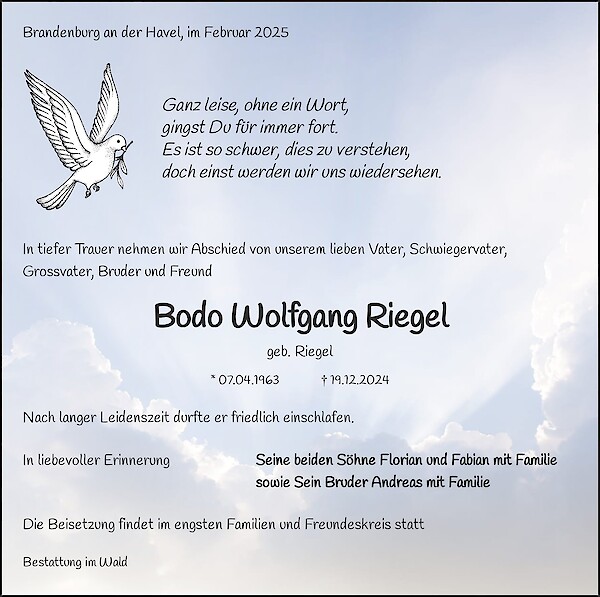 Traueranzeige von Bodo Wolfgang Riegel, Brandenburg an der Havel