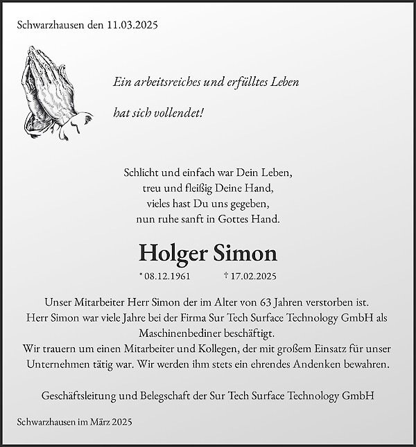 Traueranzeige von Holger Simon, Wutha Farnroda