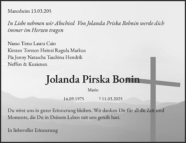 Traueranzeige von Jolanda Pirska Bonin