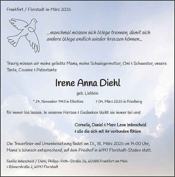 Traueranzeige von Irene Anna Diehl