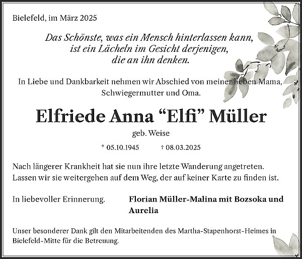 Traueranzeige von Elfriede Anna “Elfi” Müller