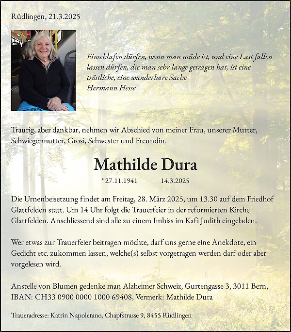 Traueranzeige von Mathilde Dura