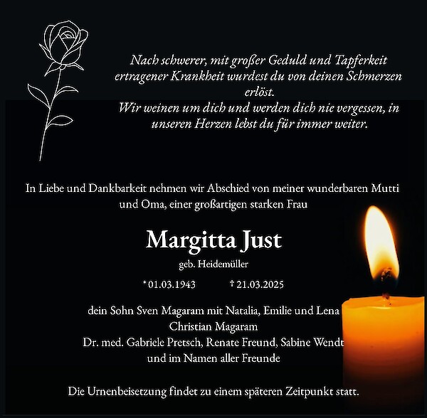Traueranzeige von Margitta Just