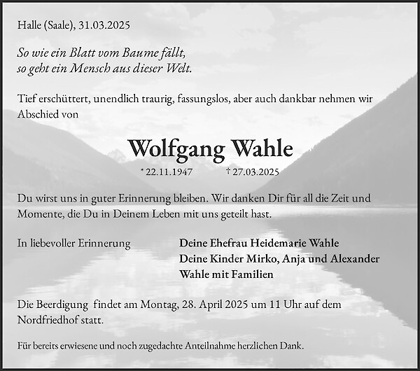 Traueranzeige von Wolfgang Wahle, Halle