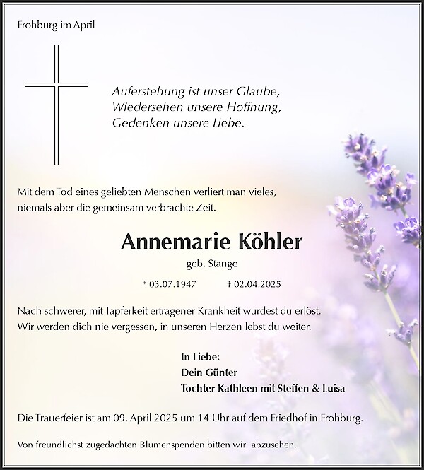 Traueranzeige von Annemarie Köhler